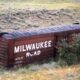 Wrecked Milwaukee Road boxcar near Donald, Montana